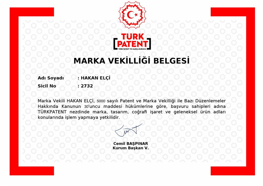TÜRKPATENT Trademark Agent Certificate — Hakan Elçi